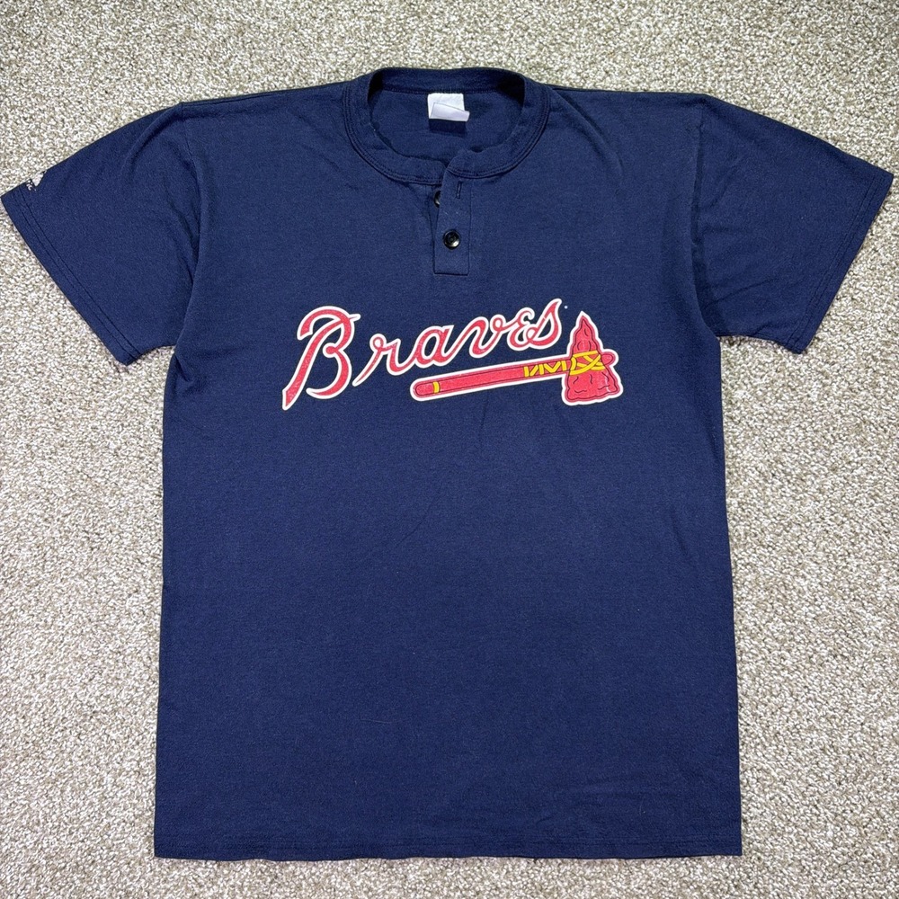 Vintage Atlanta Braves Majestic Faded Henley Tee Size L Navy Blue Classic